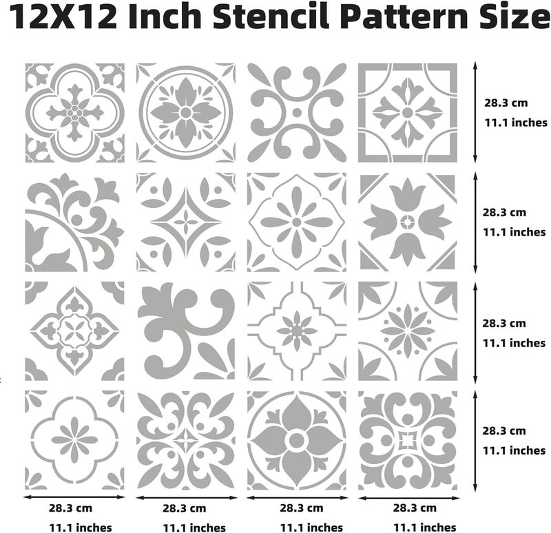 neglex 16-Pack Spanish Tile Stencil Set (12X12 Inch) Authentic Patterns for Floor and Wall, Reusable Tile Stencils for Painting on Floors, Furniture, and Canvas, DIY Spanish Talavera Home Décor - Image 4